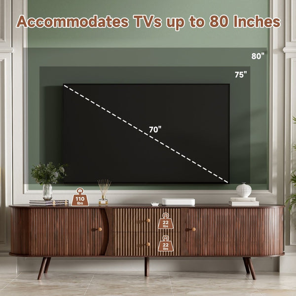 English Elm 70 Inch Mid Century Media Console with Tambour Doors Fluted Drawers and Wood Legs N710P419840P