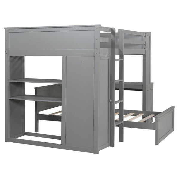 English Elm Full Twin Loft Bed with Desk Wardrobe Shelves Pine Wood Frame Kids Bedroom Gray LT000821AAE-1