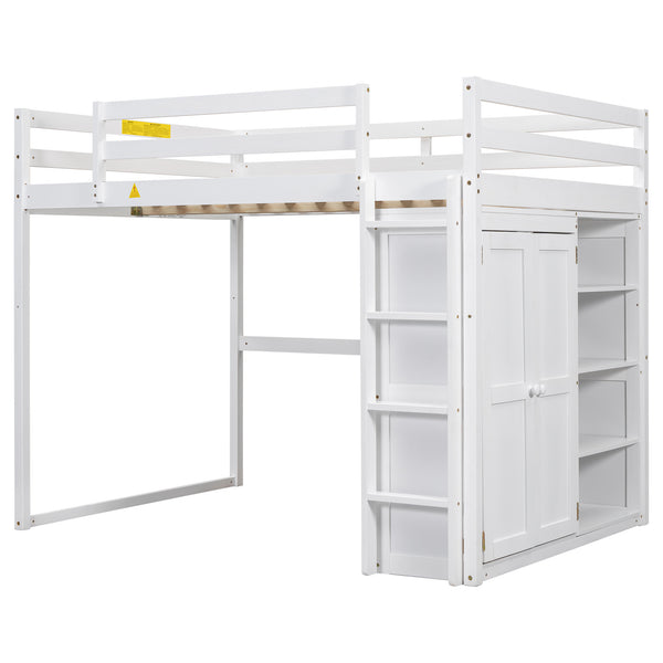 English Elm Wood Full Size Loft Bed with Built-in Wardrobe, 4-Tier Storage Shelves, LED Light, Pine MDF Durable White GX000463AAK