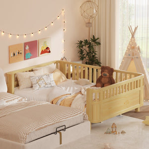 English Elm Queen Low Profile Pine Wood Kids Platform Bed with Guardrails and Rounded Safety Posts Natural W2593P409123