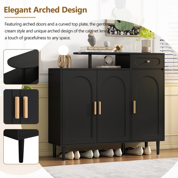 English Elm ON-TREND Elegant Arched Shoe Cabinet with Drawer and Adjustable Shelves, Stable Storage Sideboard for Entryway Black WF321210AAB