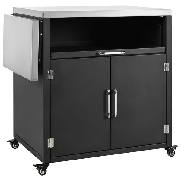English Elm Versatile Outdoor Cabinet with Foldable Stainless Top, Extendable Iron Panel, Locking Wheels, Matte Black N719P244805B