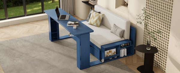 English Elm Full Size Daybed with Hydraulic Desk Armrests Storage Drawer and Sofa Seating Blue LT000271AAC