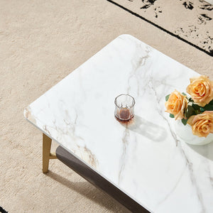 English Elm Coffee Rectangular Coffee Table with Golden Metal Frame & White MDF Shelf, Spacious Open Storage W1911P269599