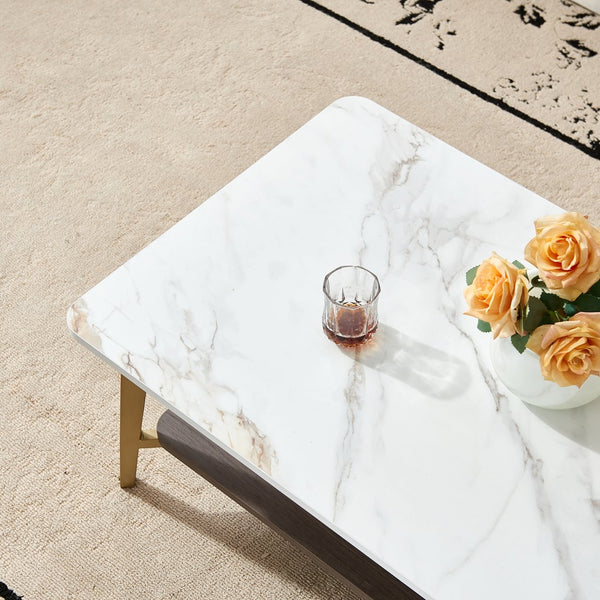 English Elm Coffee Rectangular Coffee Table with Golden Metal Frame & White MDF Shelf, Spacious Open Storage W1911P269599