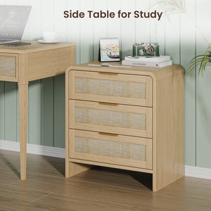 English Elm Rattan Drawer Nightstand Set with Built-in Charging Station and Open Shelf Bedroom Storage Oak W1820P416766