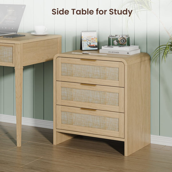 English Elm Rattan Drawer Nightstand Set with Built-in Charging Station and Open Shelf Bedroom Storage Oak W1820P416766
