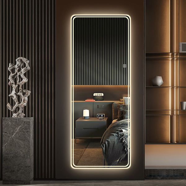 English Elm 65"x24" Full Length LED Floor Mirror with Dimming Touch, 3 Color Temps, Explosion-Proof Glass, Wall Mountable W2709P289326