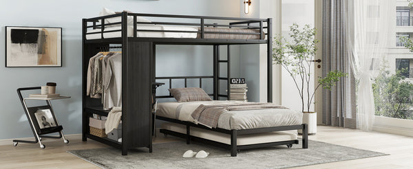 English Elm Full Over Twin Bunk Bed With Integrated Wardrobe, Trundle, Foldable Desk & Noise-Reduced Design In Black W1580S00136