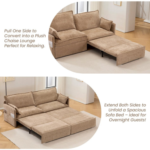 English Elm 73.6" Ergonomic 3-in-1 Sofa Bed with Chenille Comfort, L-Shape Convertible Sleeper, USB/Type-C Charging khaki W2606P301328