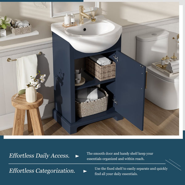 English Elm 20-inch French Style Freestanding Vanity Carved Wood Cabinet Soft Close Ceramic Basin Blue N710P330977C