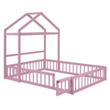 English Elm Wooden Floor Bed With Fence Railings and Detachable House Shape Headboard,Full Size Bed With Kids Dress Up Rack, Kids Montessori Style Playhouse Frame For Girls Boys, Pink