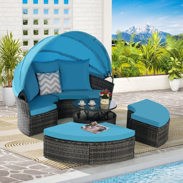 English Elm 5 Piece Outdoor Wicker Daybed Set with Retractable Canopy and Quick Dry Cushions Light Blue W874S00038