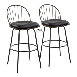 English Elm Riley Farmhouse 30" Fixed-Height Swivel Barstool Set of 2 — Faux Leather Cushions, Metal Frame, Rustic Brown B202S00637