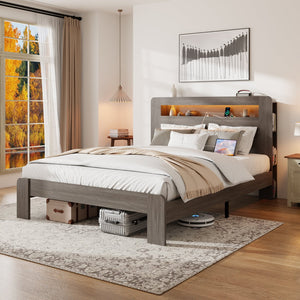 English Elm Bed Frame Queen Size With Led Light Headboard, Usb Charging, Noise-Free, Easy Assembly & Storage W636P288789