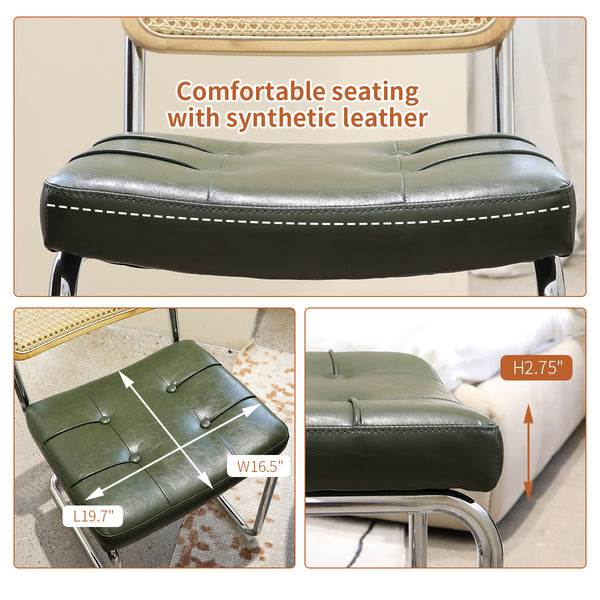 English Elm Dining Chairs Set of 2 Mid-Century Chrome Cantilever Faux Leather Rattan Back Accent Chairs Dark Green W2105P346391