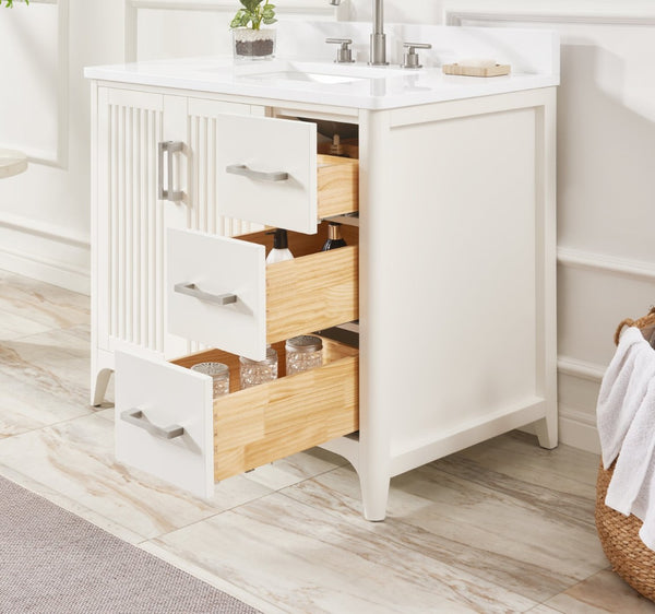 English Elm 36 Inch Solid Wood Bathroom Vanity with Built-in Power Station and Soft-close Drawers W2316P380506
