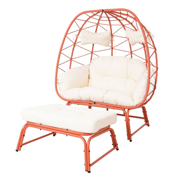 English Elm Double Egg Chair Wicker Outdoor Lounge Set with Ottoman and Weather Resistant Cushions T5880P501489