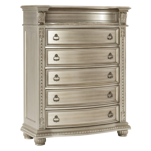 English Elm Silver Luxury Cavalier 5-Drawer Chest with Genuine Marble Top, Silver Finish & Ornate European Carvings B011P366065
