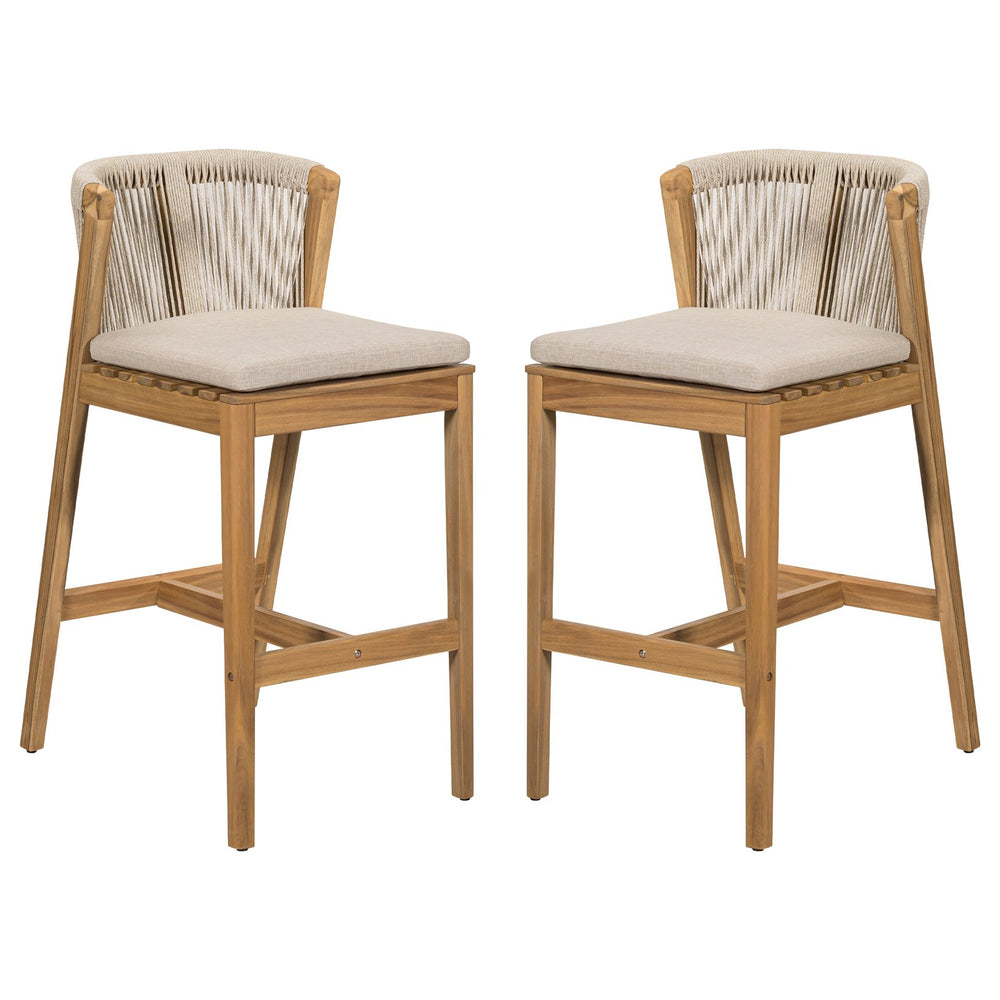 English Elm Christopher Knight Home® - Louie Teak-Finish Outdoor Barstool Set of 2 with Beige Cushions, Rope Back, Weatherproof Acacia Wood N775P301353T