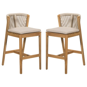 English Elm Christopher Knight Home® - Louie Teak-Finish Outdoor Barstool Set of 2 with Beige Cushions, Rope Back, Weatherproof Acacia Wood N775P301353T