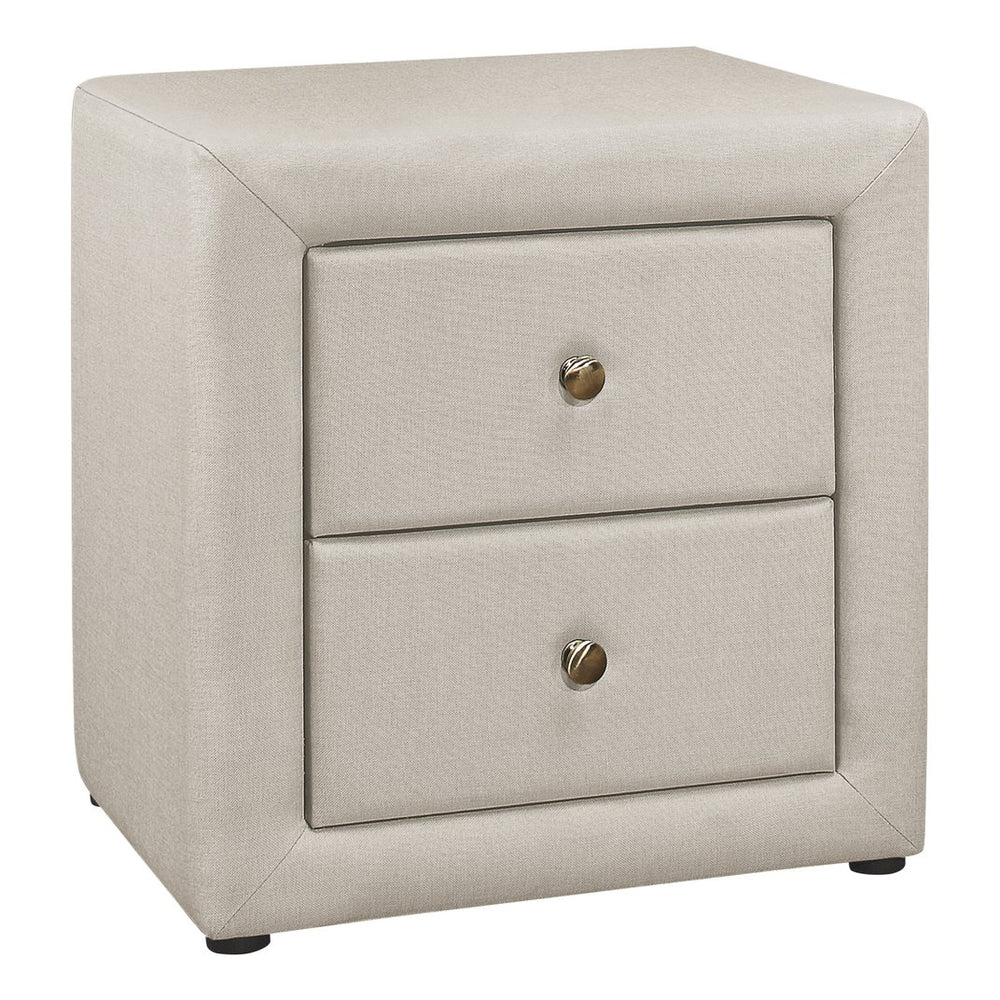 English Elm Nightstand, Upholstered Beige Linen-Look Storage Table With Drawers For Bedroom & Living Room Use B2710P219504
