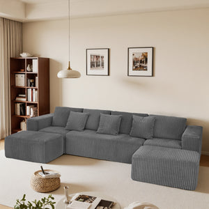 English Elm Modular U-Shaped Sectional Sofa, 132-Inch 4-Seater With Reversible Chaise In Gray Striped Corduroy Fabric For Ultimate Comfort And Style In Your Living Room Or Bedroom W3276S00017
