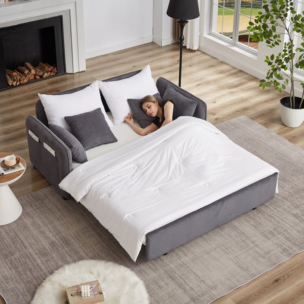 English Elm FX'' 66 Inch Sleeper Sofa Bed 3-in-1 Convertible Pullout Sofa with Plush Corduroy, 4 Pillows, Pockets Grey W1926S00059