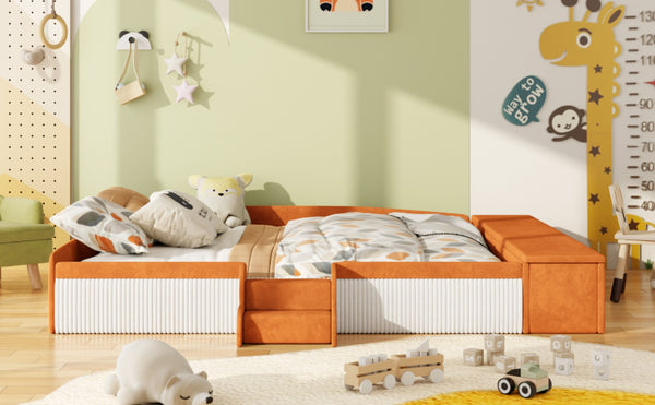 English Elm King Velvet Kids Platform Bed with Padded Guardrails Staircase and Storage Ottoman Brown+White SF000204AAD