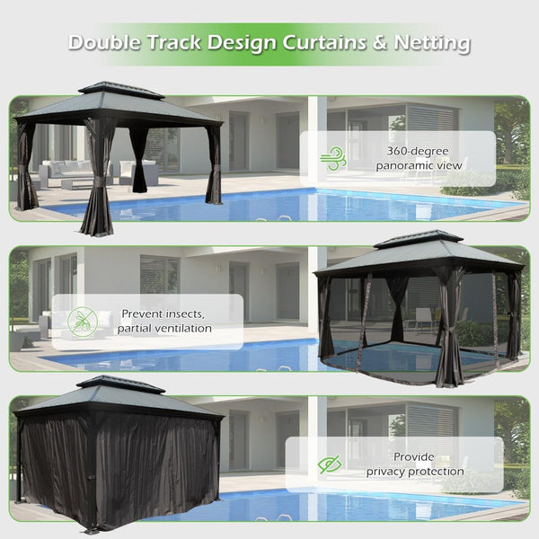 English Elm 10'x14' Hardtop Gazebo Dual Roof Steel Frame Permanent Outdoor Patio Pavilion W1859S00183