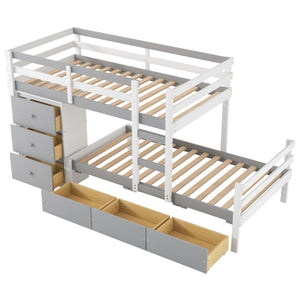 English Elm Twin Loft Bunk Bed with Built-In Drawers and Ladder, Space-Saving Twin over Twin Pine MDF Design Gray GX000424AAE