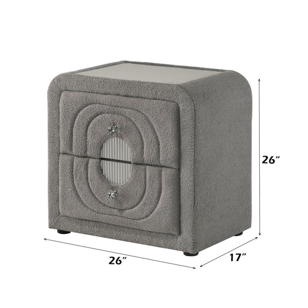 English Elm Shelyn Teddy Sherpa Upholstered Nightstand with Glass Top and Crystal Knob Hardware Gray B2756P495790