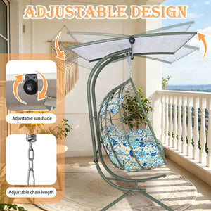 English Elm 2-person Wicker Egg Swing Chair with Canopy Stand Outdoor Patio Boho Hammock Seat T5880P502251