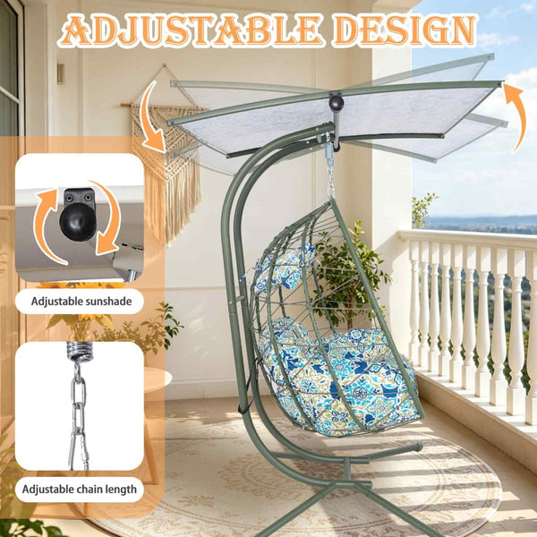 English Elm 2-person Wicker Egg Swing Chair with Canopy Stand Outdoor Patio Boho Hammock Seat T5880P502251