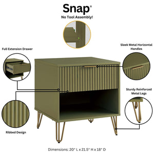 English Elm Dumbo Olive Green Fluted Nightstand With Gold Accents - Chic 1-Drawer Storage For Small Spaces B365P398153