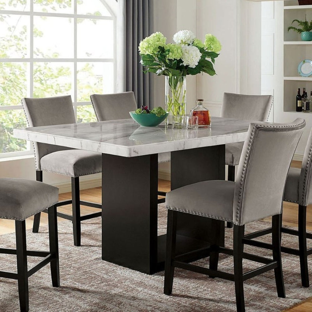 English Elm Genuine Marble Top Counter Height Dining Set with Six Nailhead Upholstered Chairs B2741S00766