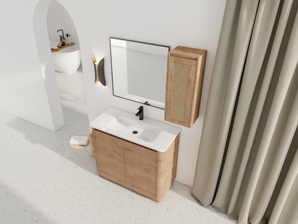 English Elm 40'' Freestanding Bathroom Vanity With Ceramic Sink, Soft-Close Doors & Side Cabinet For Stylish Storage W999S00404