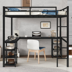 English Elm Full Metal Loft Bed With Desk & Shelves - Space-Saving Design, Safety Guardrails, Modern Black Frame W1580S00049
