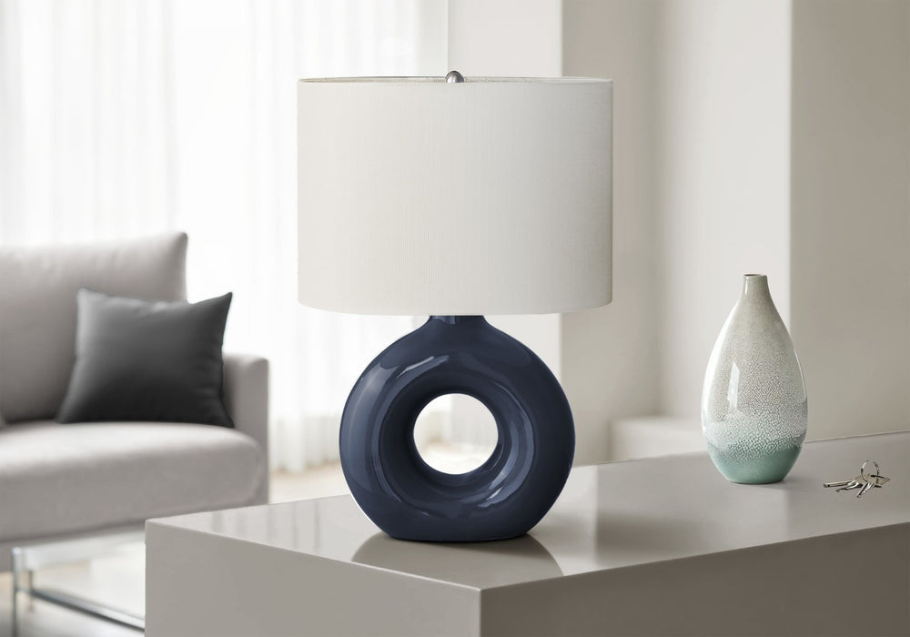 English Elm Lighting, Sculptural Donut Ceramic Table Lamp with Ivory Shade for Modern Interiors Blue B2710P461817