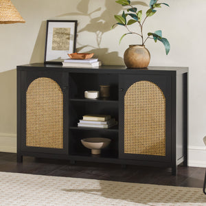 58" 4-Door Sideboard w/ Arched Rattan Panels Black SAHD5DBL2 Walker Edison