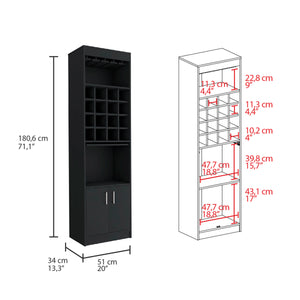 English Elm Being Kava Bar Cabinet Black - Double Door Storage, Two Shelves, 16 Wine Slots, Glass Rack, Easy Assembly B200S00174