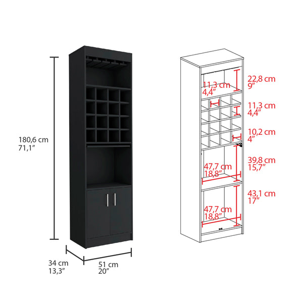 English Elm Being Kava Bar Cabinet Black - Double Door Storage, Two Shelves, 16 Wine Slots, Glass Rack, Easy Assembly B200S00174