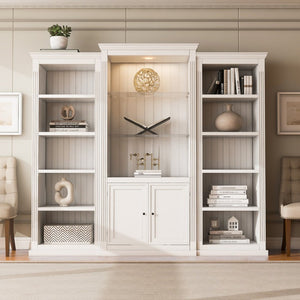 English Elm 78.75'' Retro Farmhouse 3-piece Wall Unit with Led Lighting Tempered Glass Shelves White SSN845P390190W