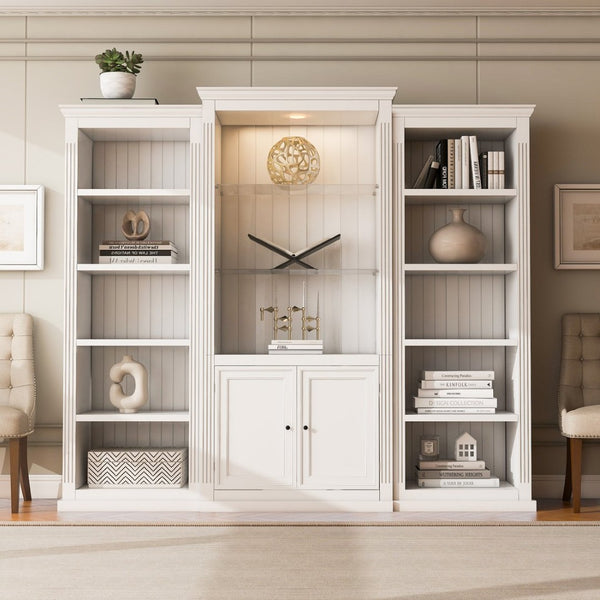 English Elm 78.75'' Retro Farmhouse 3-piece Wall Unit with Led Lighting Tempered Glass Shelves White SSN845P390190W