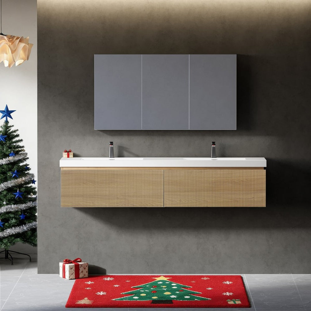 English Elm 72" Floating Oak Vanity with Dual Stone Resin Basins Fluted Soft-close Drawers W1920S00199