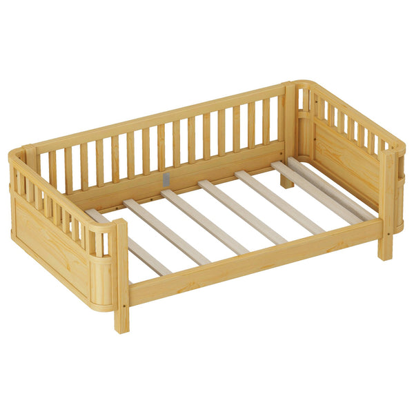 English Elm Twin Solid Pine Platform Bed with Guardrail for Kids, Low-Profile Twin Frame Durable 250LB Capacity W2593P367051