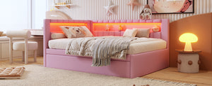 English Elm Upholstered Full Platform Bed with Trundle, Built-In USB Ports & LED Accent, Linen Upholstery Pink DL001925AAH