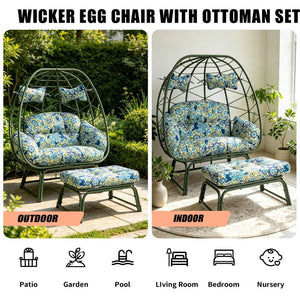English Elm Double Wicker Egg Chair with Ottoman Bohemian Rattan Outdoor Lounge for Patio T5880P501486