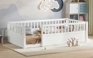 English Elm Twin Montessori Floor Bed Frame for Kids – Pine Playroom Bed with Fence for Reading & Imaginative Play White W1580P307878