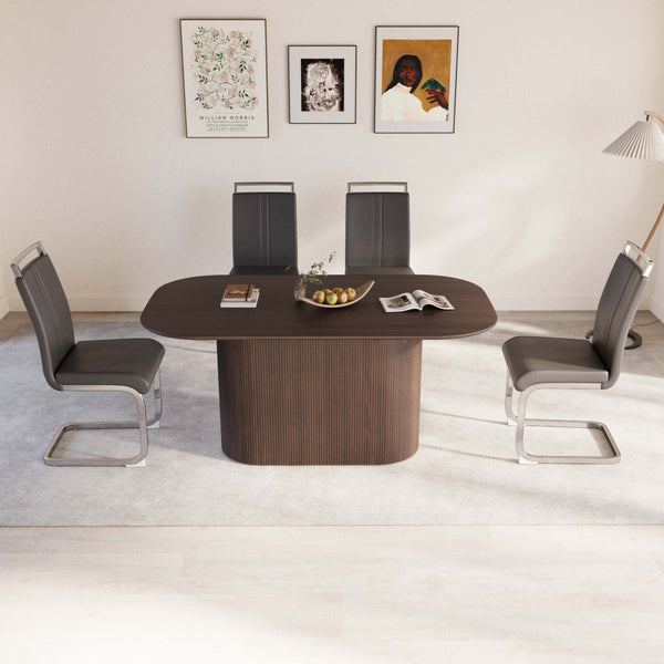 English Elm 63 Inch Mdf Dining Table Set with Four Pu Leather Chairs Silver Metal Legs Modern Brown+Gray W2189S00884